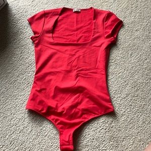 Free People Intimately Bodysuit Short Sleeve Square Neckline Red Body Suit